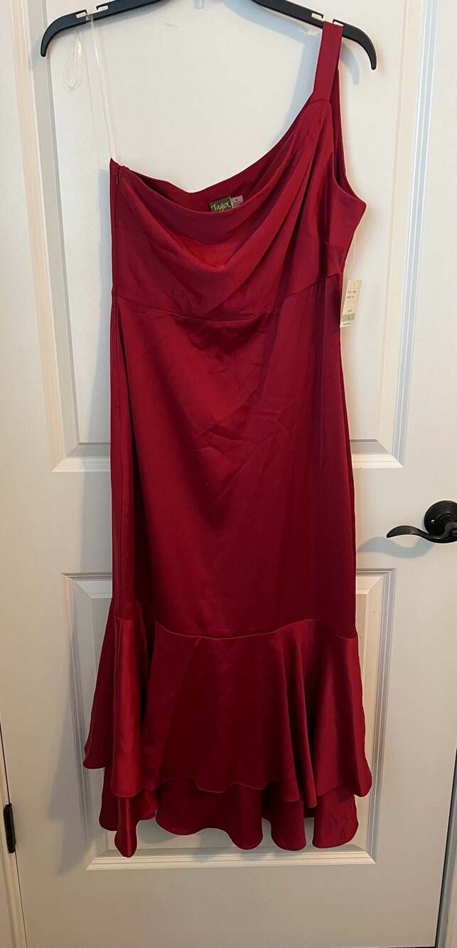Taylor Ruffled One-Shoulder Midi Dress, Vivid Burgundy, Size 8
